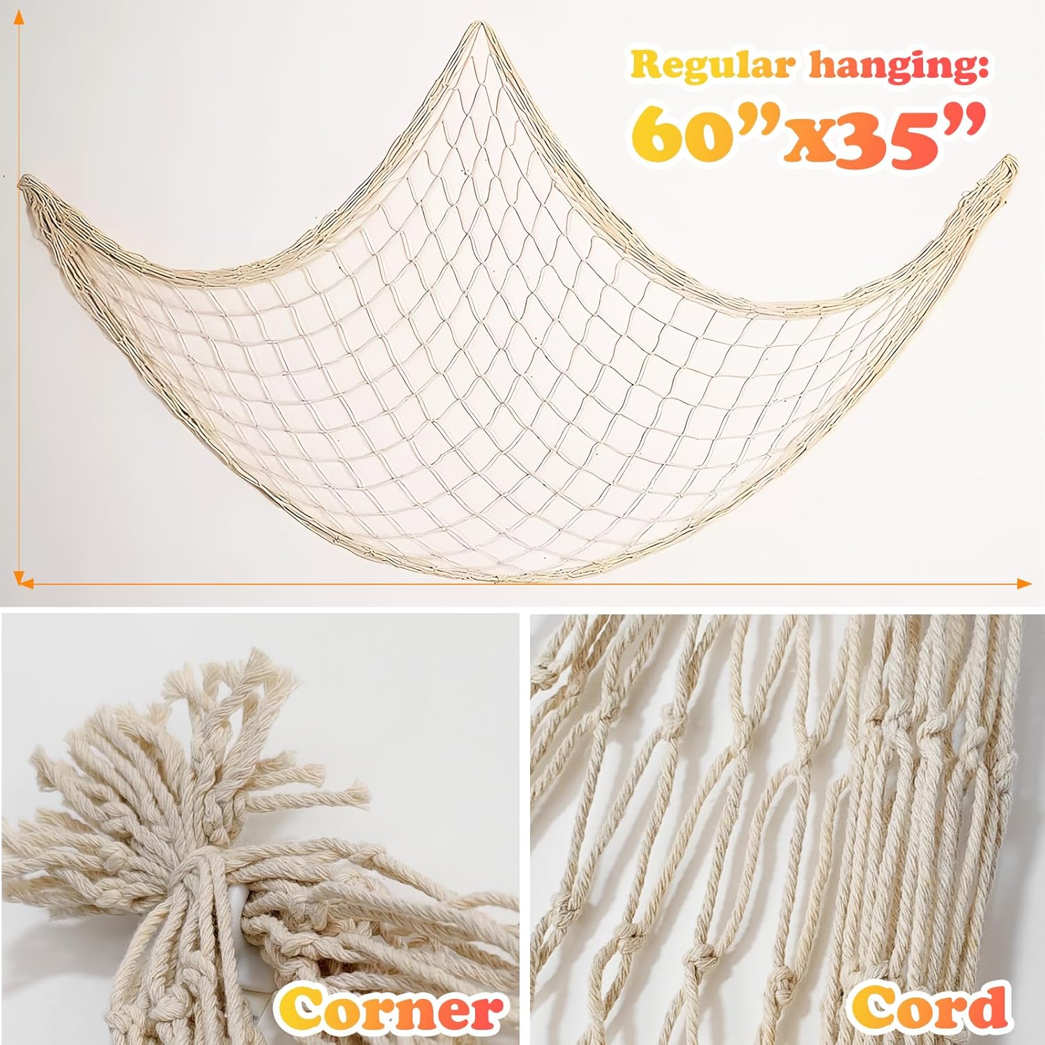 2 Pack Fish Net Decorations for Party,Natural Cotton Hawaiian Party Fishing Net Decorative, Nautical Themed Cotton Fishnet Under The Sea Pirate Ocean Beach Decor - Image 2