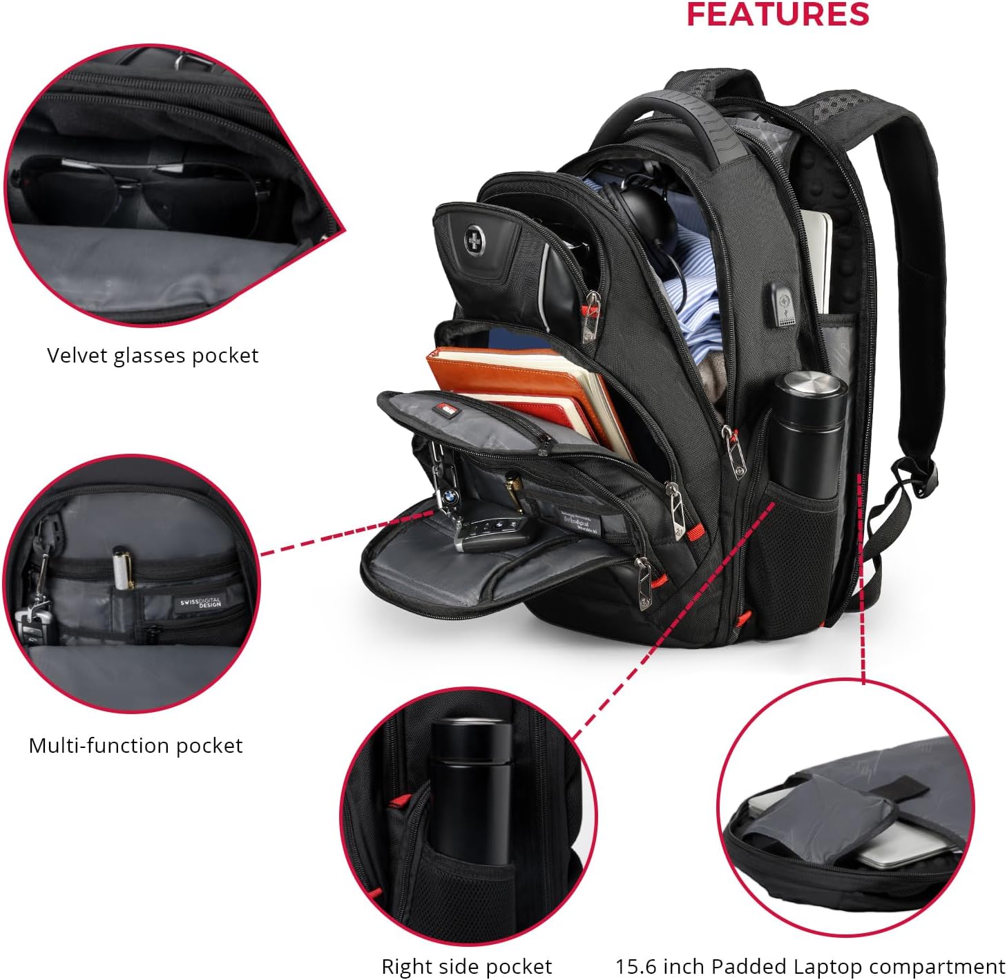 Swissdigital Design Travel Backpack for men, TSA Friendly USB Charging RFID Protection Business Backpack Fits 15.6" Laptops Black | J14-BR - Image 6